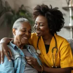 Smiling young female nurse caregiver assisting senior woman